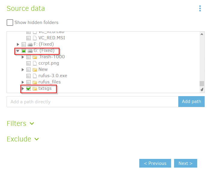 selecting local data to be backed up to Amazon S3 using Duplicati 