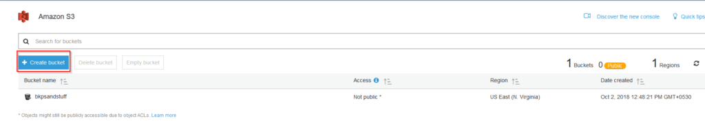 creating a bucket from Amazon S3 dashboard