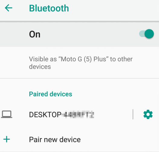 Phone and Windows 10 PC paired using Bluetooth