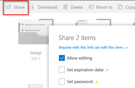 sharing multiple files and folders stored on OneDrive through a single link