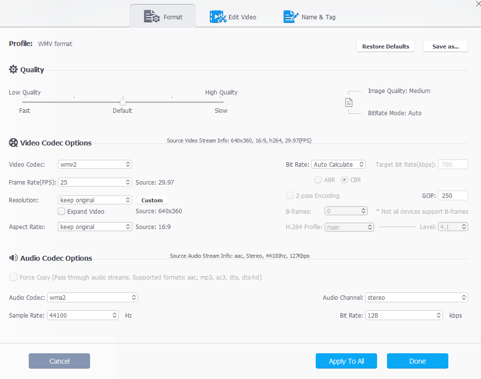 configuring codec settings for VideoProc 