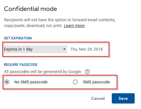 confidential mode options of time expiration and enabling passcodes