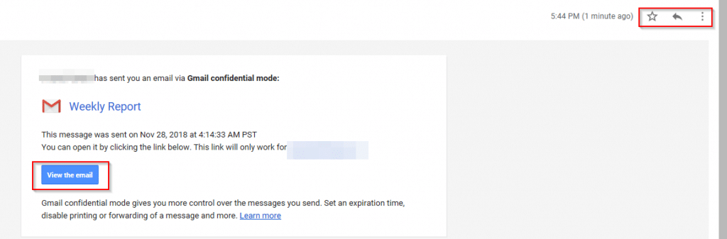 Gmail message received that was sent using confidential mode