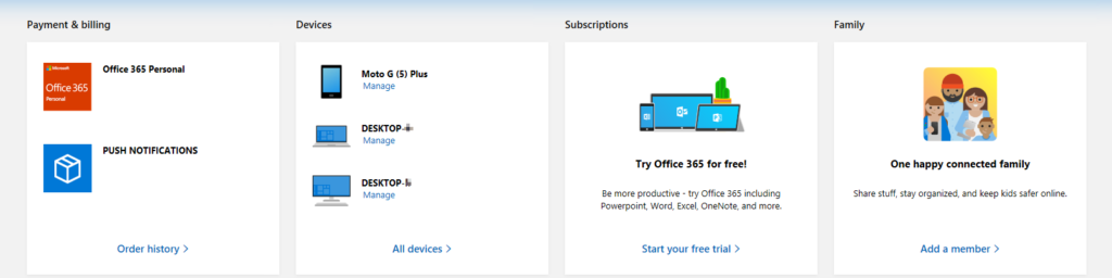 Microsoft account management dashboard