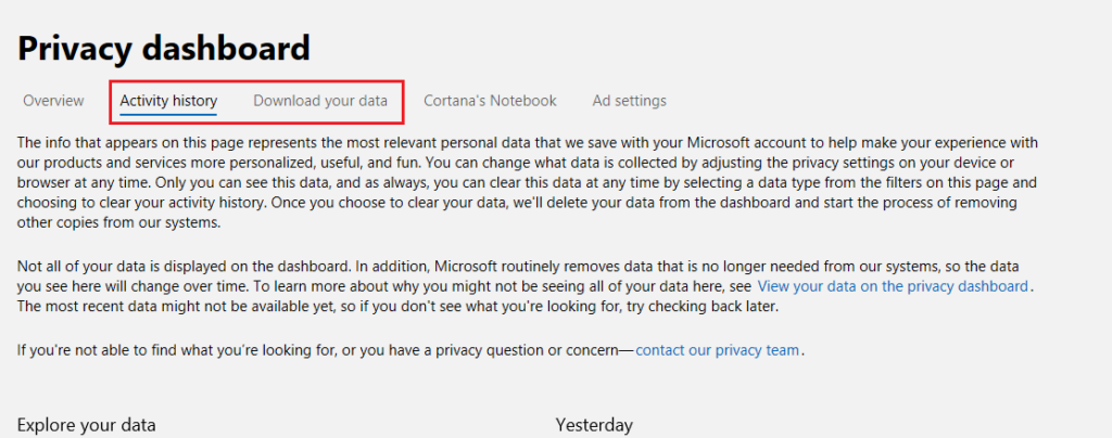 privacy dashboard options from Microsoft account management 