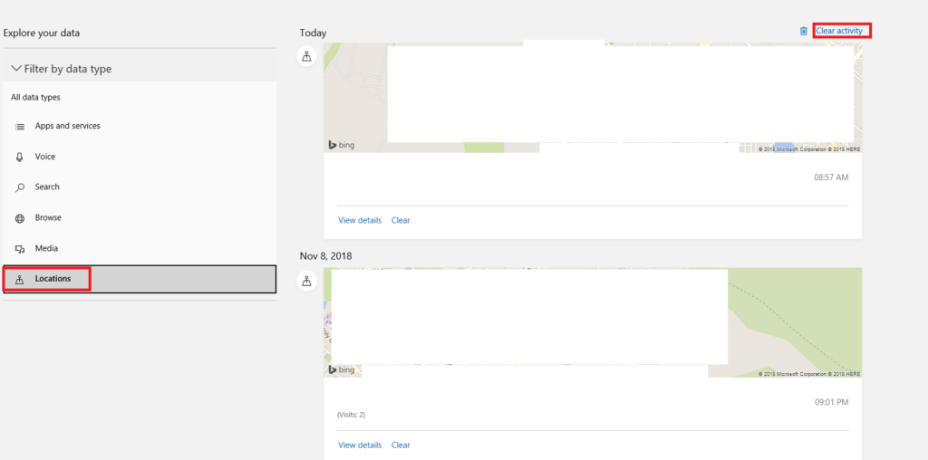 clearing location history using Microsoft account management dashboard