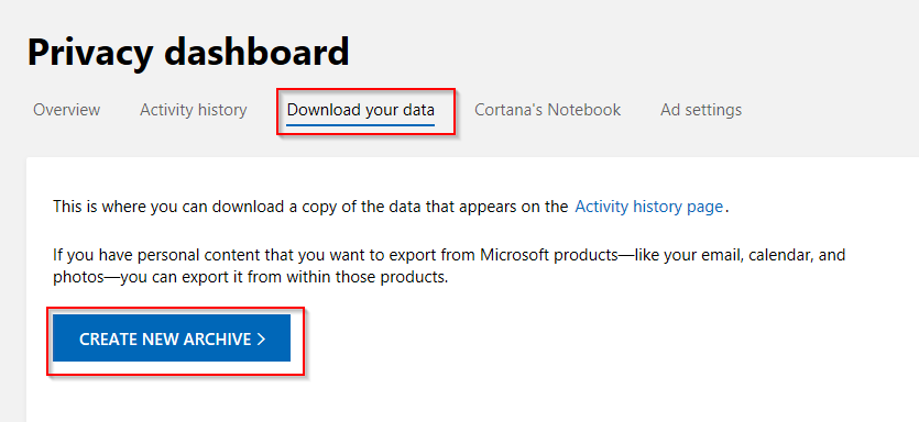 downloading a backup of data appearing in Microsoft account management 