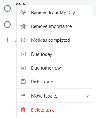 various task options in To-Do when using it from PC