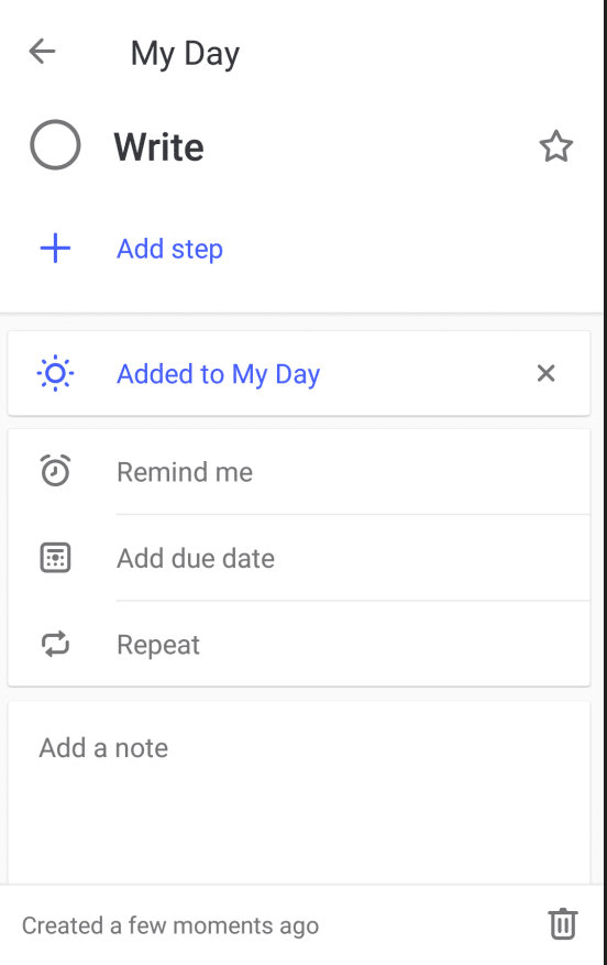 other task options like reminders, due date and repeating in Microsoft To-Do app for phone