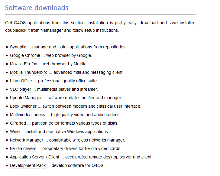 list of software downloads available for Q4OS as individual setup files