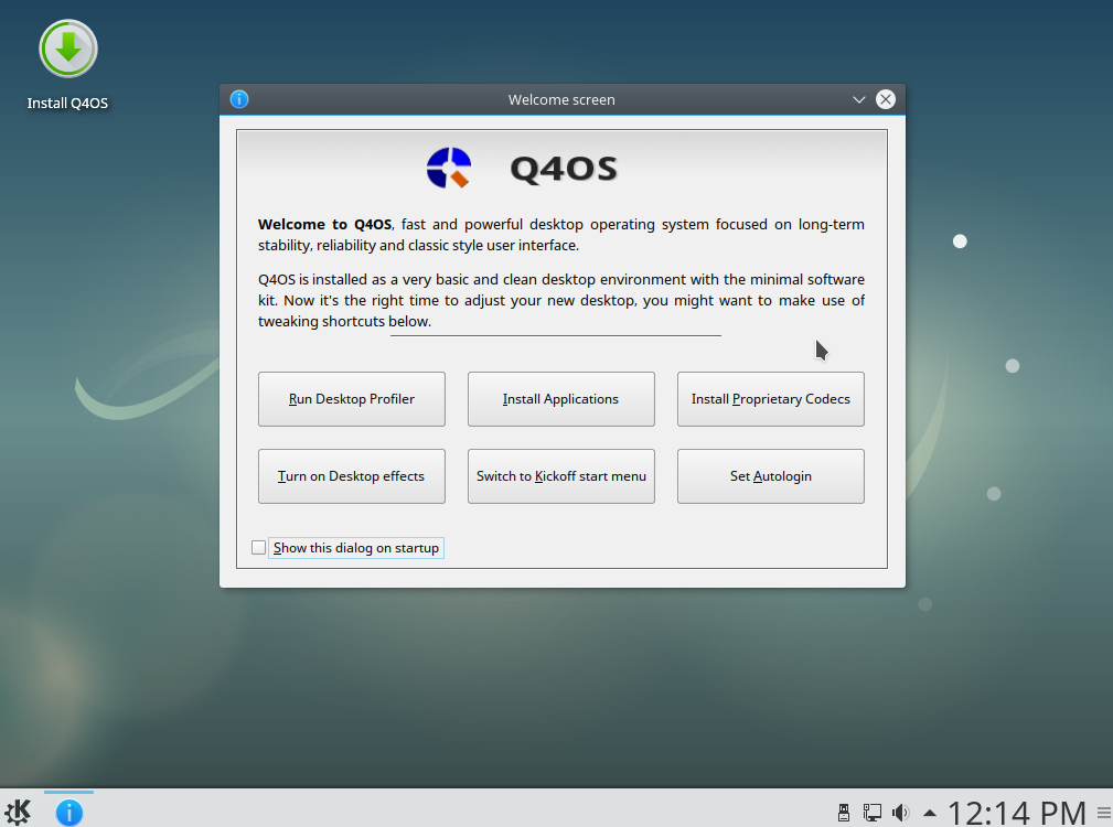 Q4OS welcome screen in live environment