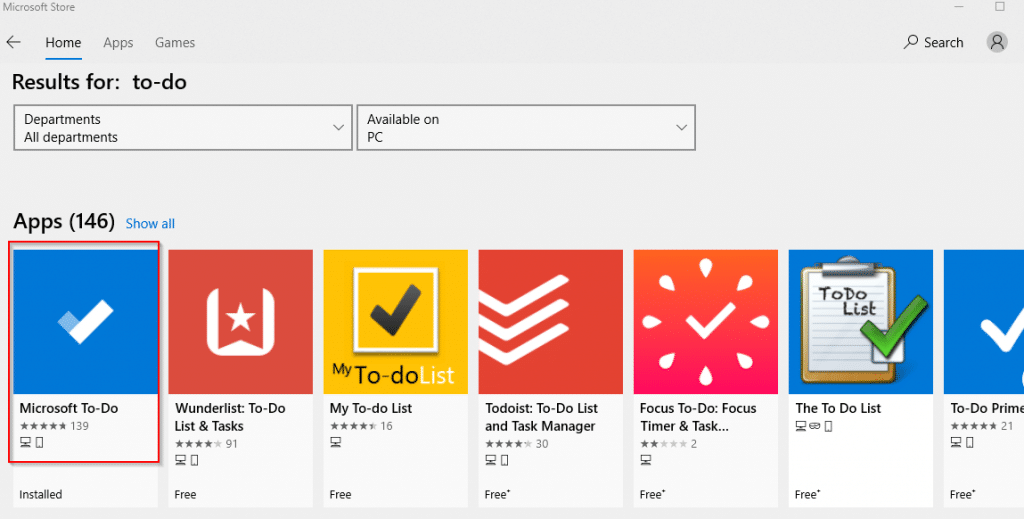 installing Microsoft To-Do app in Windows 10 through Microsoft Store