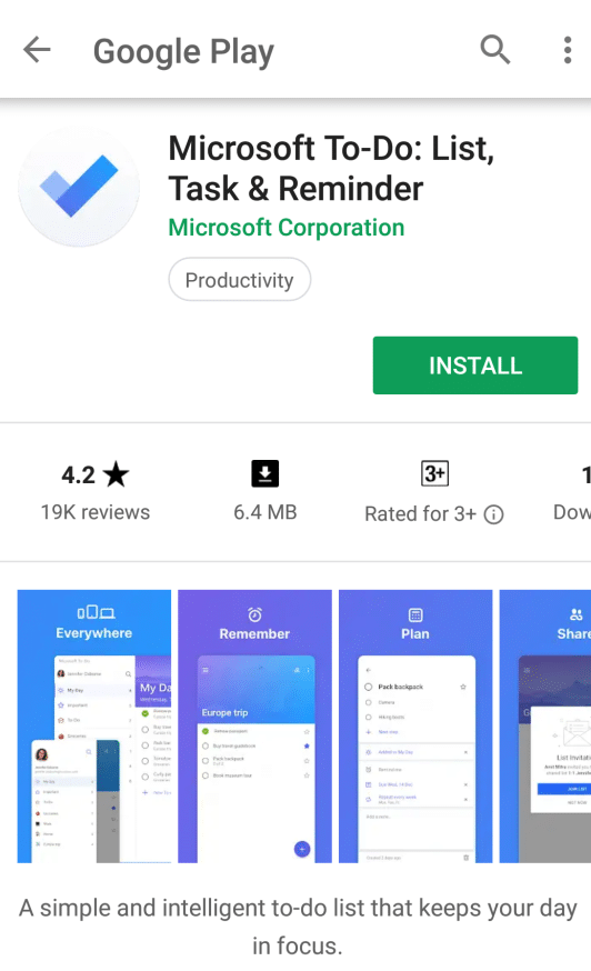 Installing Microsoft To-Do app through Google Play store