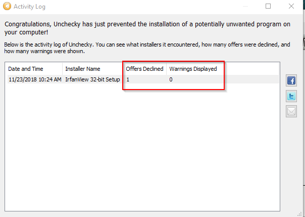 number of unwanted programs stopped from installing using Unchecky 