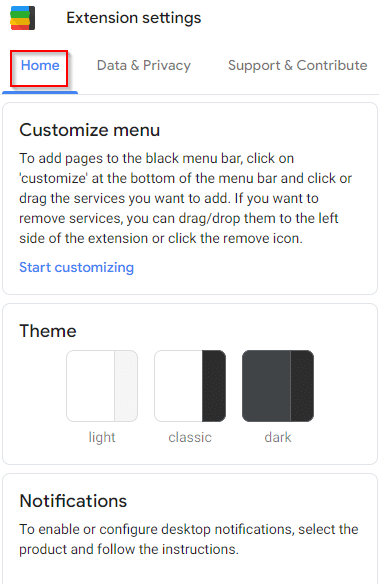 configuring settings for Black Menu for Google 