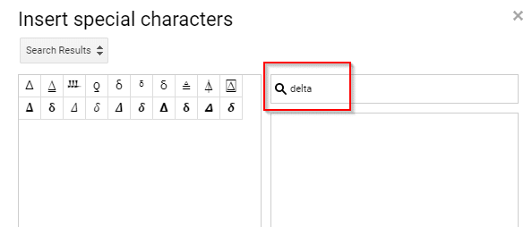 searching for special characters by names in Google Docs