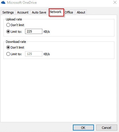 changing upload and download rates for OneDrive sync