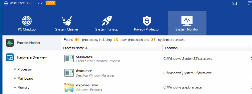 managing running Windows processes and hardware monitoring in Wise Care 365 Pro