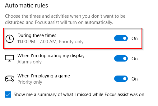 Enable focus assist during specific times with priority only