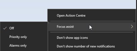 enable focus assist from Windows 10 system tray