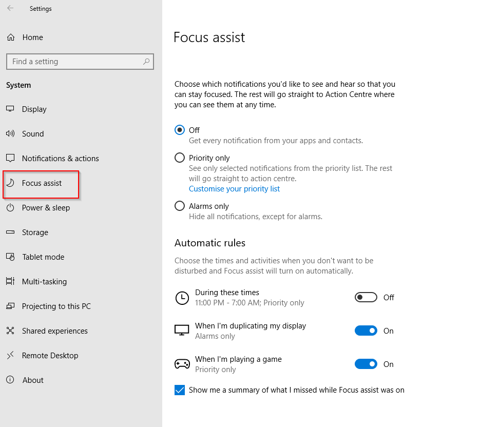 Focus assist in Windows 10