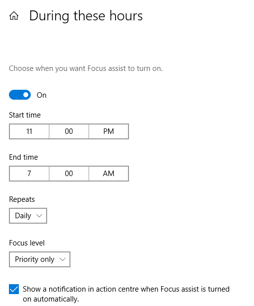 changing focus assist hours in Windows 10