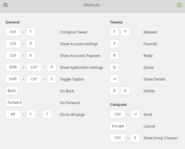 keyboard shortcuts for using Corebird 