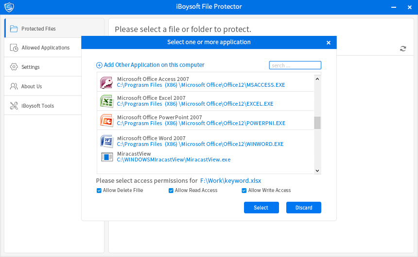 adding allowed applications to access protected files and folders in iBoysoft File Protector