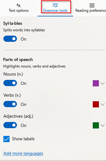 enabling Syllables and Parts of speech option from Grammar tools in Edge