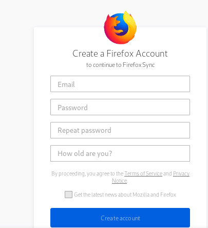 details to fill up for a Firefox Sync account