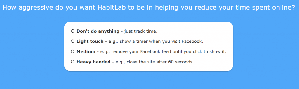 range of settings for restricting time during online browsing in HabitLab 