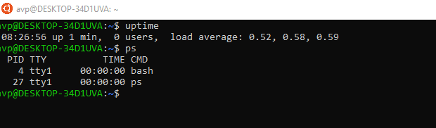 uptime command used from Ubuntu Terminal in Windows 10