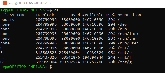 df command to see disk usage from Ubuntu Terminal in Windows 10