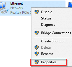 accessing network adapter properties in Windows 10