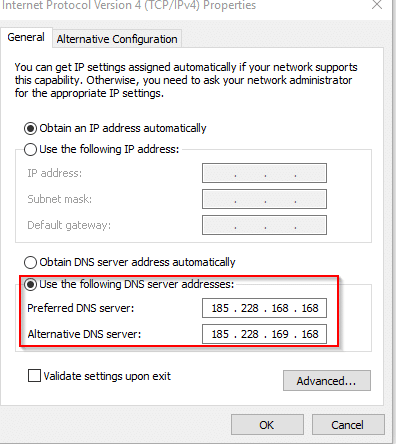 changing DNS server IP addresses to enable CleanBrowsing Family filter