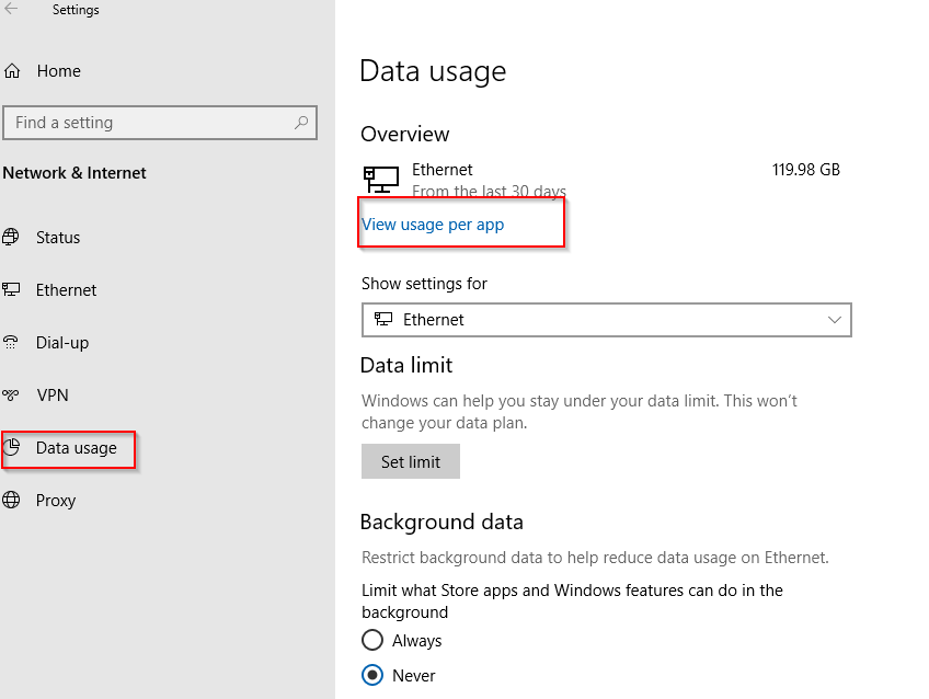 data usage section in Windows 10