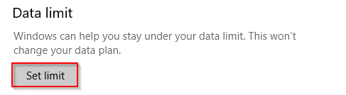 Setting data limit options in Windows 10