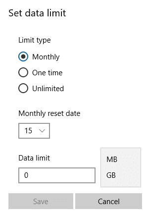 various data limit options in Windows 10