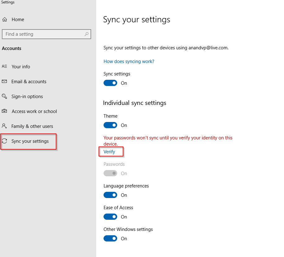 passwords not synced by default when signed into a different Windows 10 device using the same account