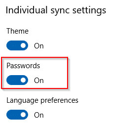 passwords synced in Windows 10 after verifying identity