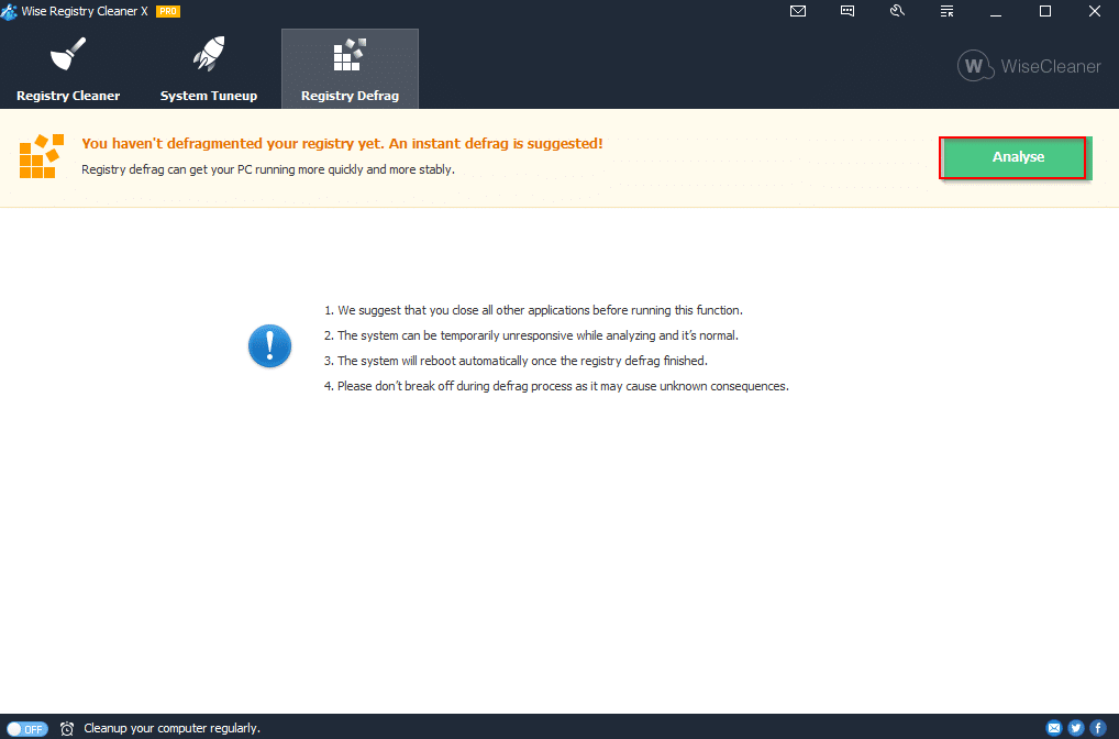 registry defrag using Wise Registry Cleaner Pro 
