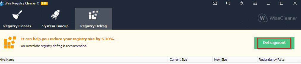 option of proceeding with registry defrag in Wise Registry Cleaner Pro 