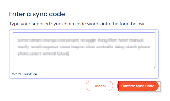 confirming the generated chain sync code on the device that is to be added to Brave browser sync