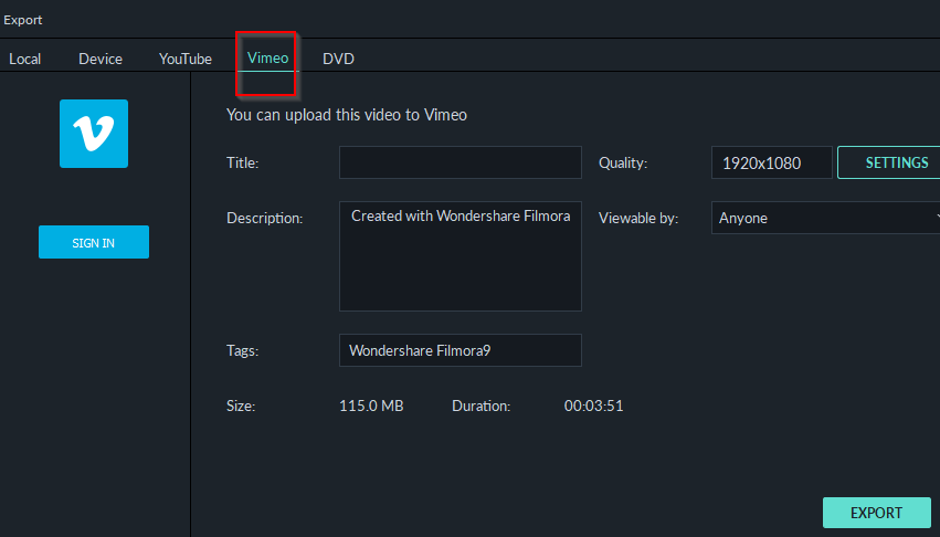 uploading exported videos directly to Vimeo in Filmora9