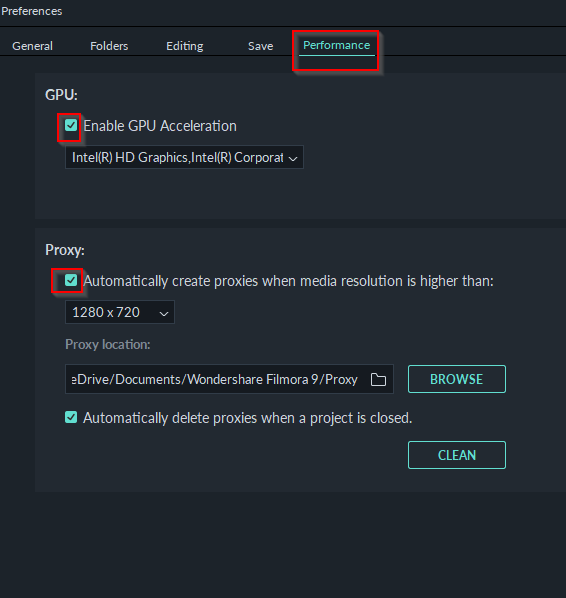 changing performance settings in Filmora9