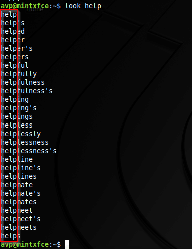 searching for all string instances in the default user dictionary when using the look command in Linux Mint