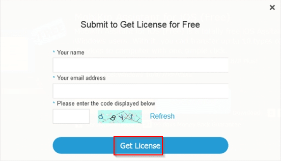 captcha and user details for getting free license of MobiKin Assistant for iOS