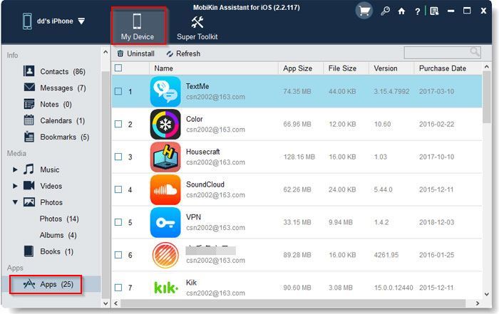 uninstalling iOS apps using MobiKin Assistant for iOS
