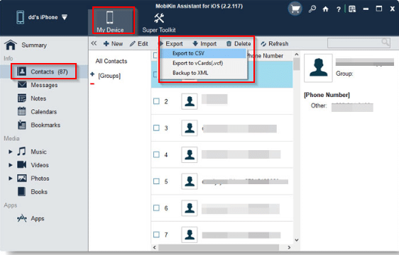 exporting iOS contacts to PC using MobiKin Assistant for iOS