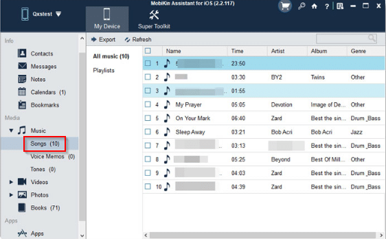 transferring iOS music to PC using MobiKin Assistant for iOS